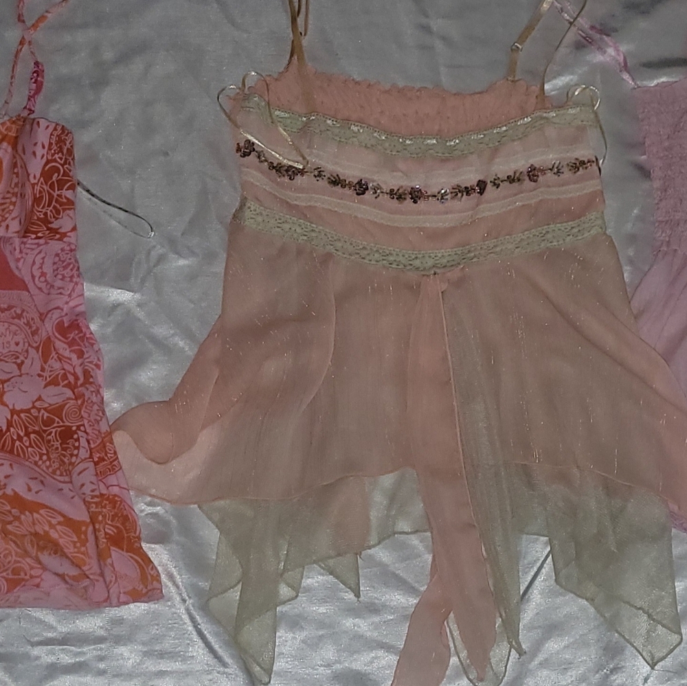 Y2K 3 Fairy Grunge Hime Gyaru inspired Cami Tops, ROXY,Pink Floaty String Straps - Picture 2 of 9